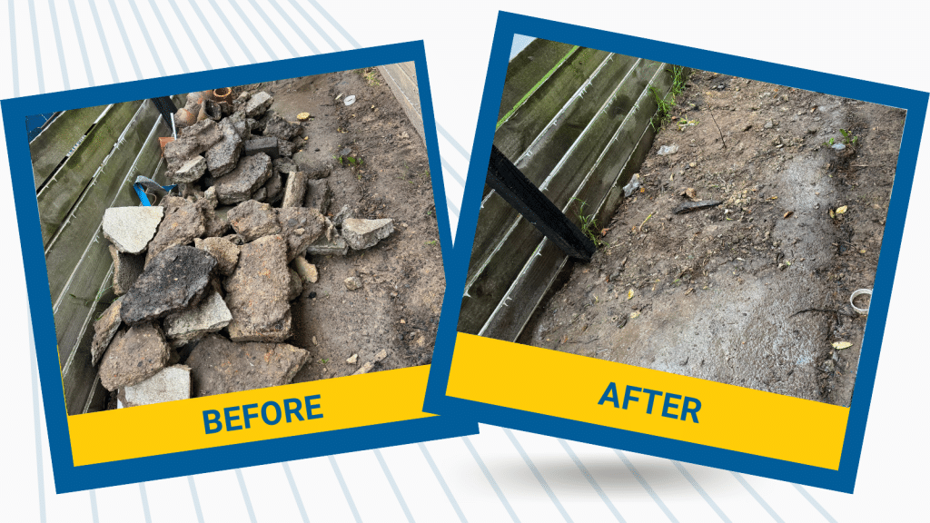 Before and After photos of rocks and concrete removal.